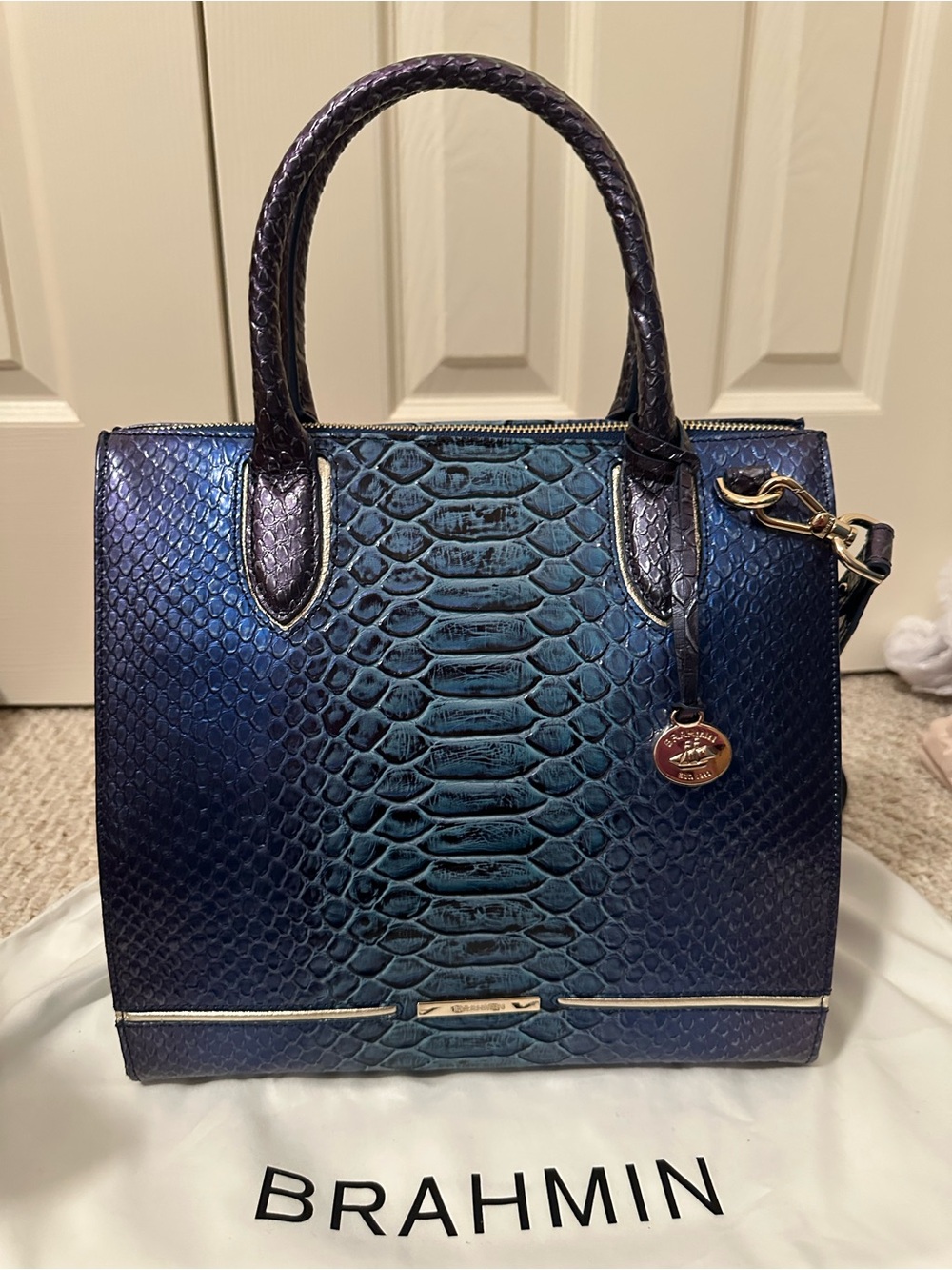 Brahmin Large Caroline Sapphire Blue Embossed Leather Shoulder Bag